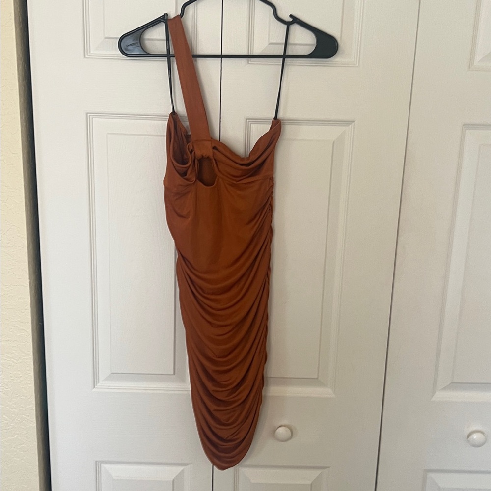 Rust One-Shoulder Ruched Dress